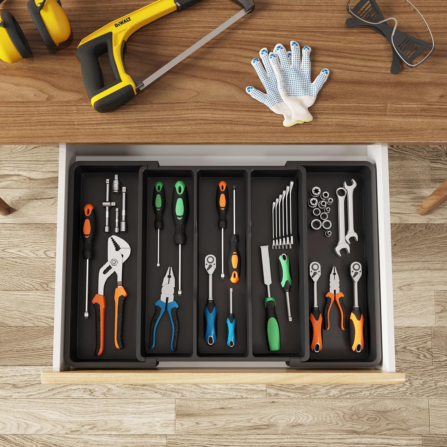 Utensil Drawer Organiser, Expandable Cutlery Tray for Kitchen, Adjustable Silverware Flatware Holder, Plastic Kitchen Spatula Tools Gadgets Spoons and Forks Storage(Color:Black) image number 2