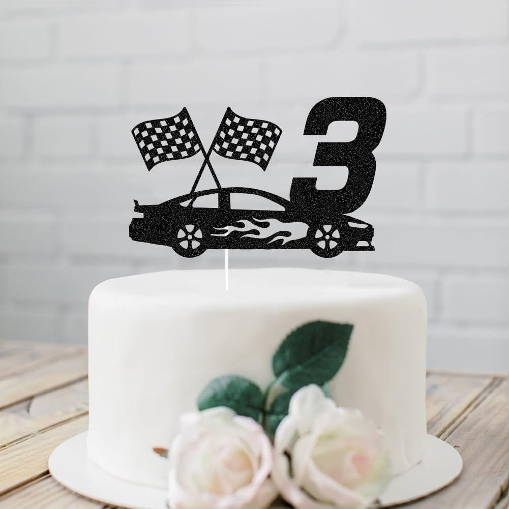 SWEETTALA Racing Car 3Rd Cake Topper for Race Car Checkered Flag Themed Kids Boy Girl 3 Years Old Birthday Party Decorations Black Glitter image number 1
