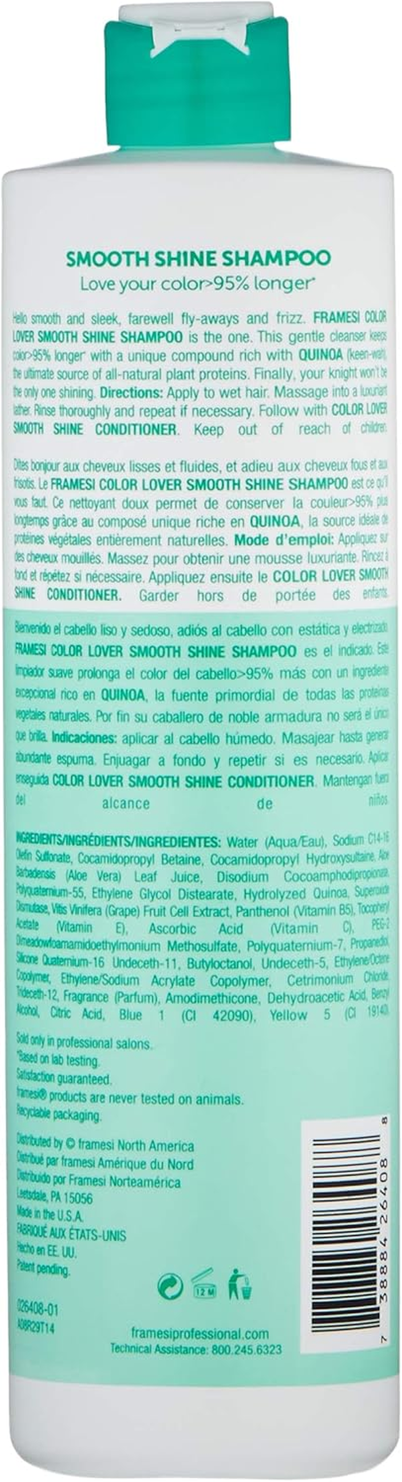 Framesi Color Lover Smooth Shine Shampoo, Sulfate Free Shampoo with Quinoa and Aloe Vera, Color Treated Hair image number 2