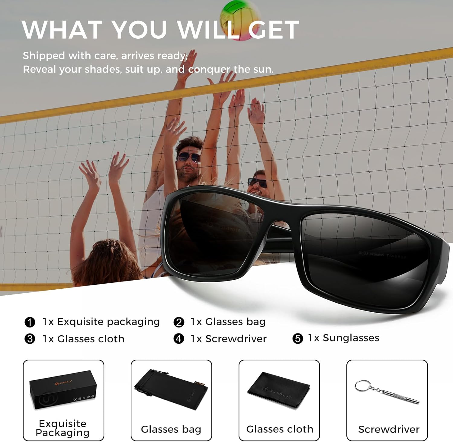 SUNGAIT Wrap around Polarized Sport Sunglasses for Men Womens Lightweight Rectangle Cycling Running - Bright Black Frame / Grey Lens image number 1