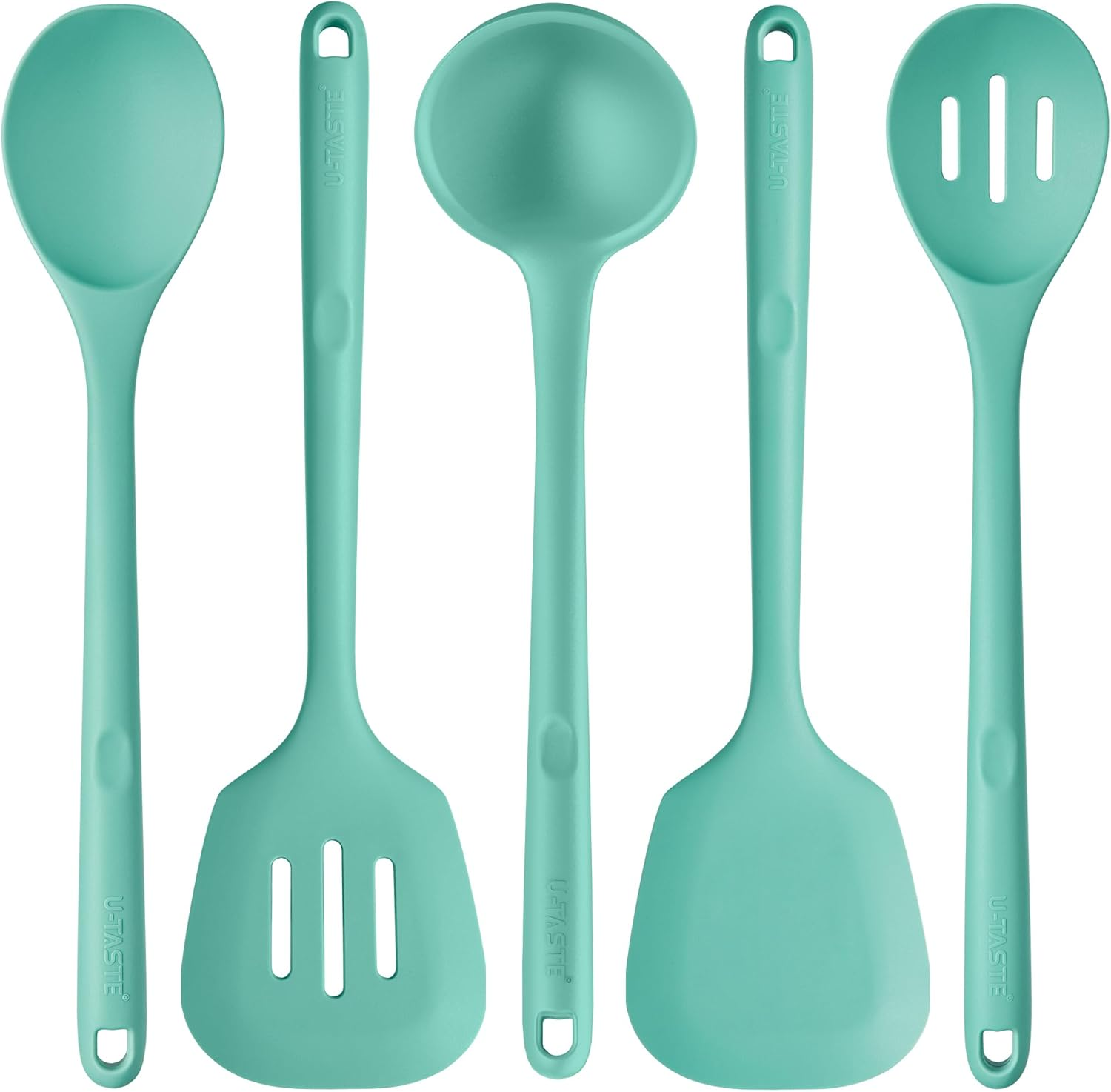 Long Silicone Cooking Utensil Set - U-Taste 315℃ Heat Resistant Kitchen Accessories, Bpa-Free Non-Scratch Solid & Slotted Turner and Spoon, Soup Ladle for Non-Stick Cookware (5 PCS, Aqua Sky)