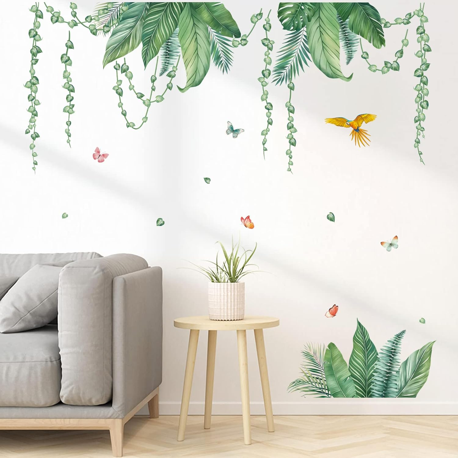 Decalmile Tropical Leaves Wall Decals Hanging Vines Green Plants Wall Stickers Living Room Bedroom Office Wall Decor image number 1
