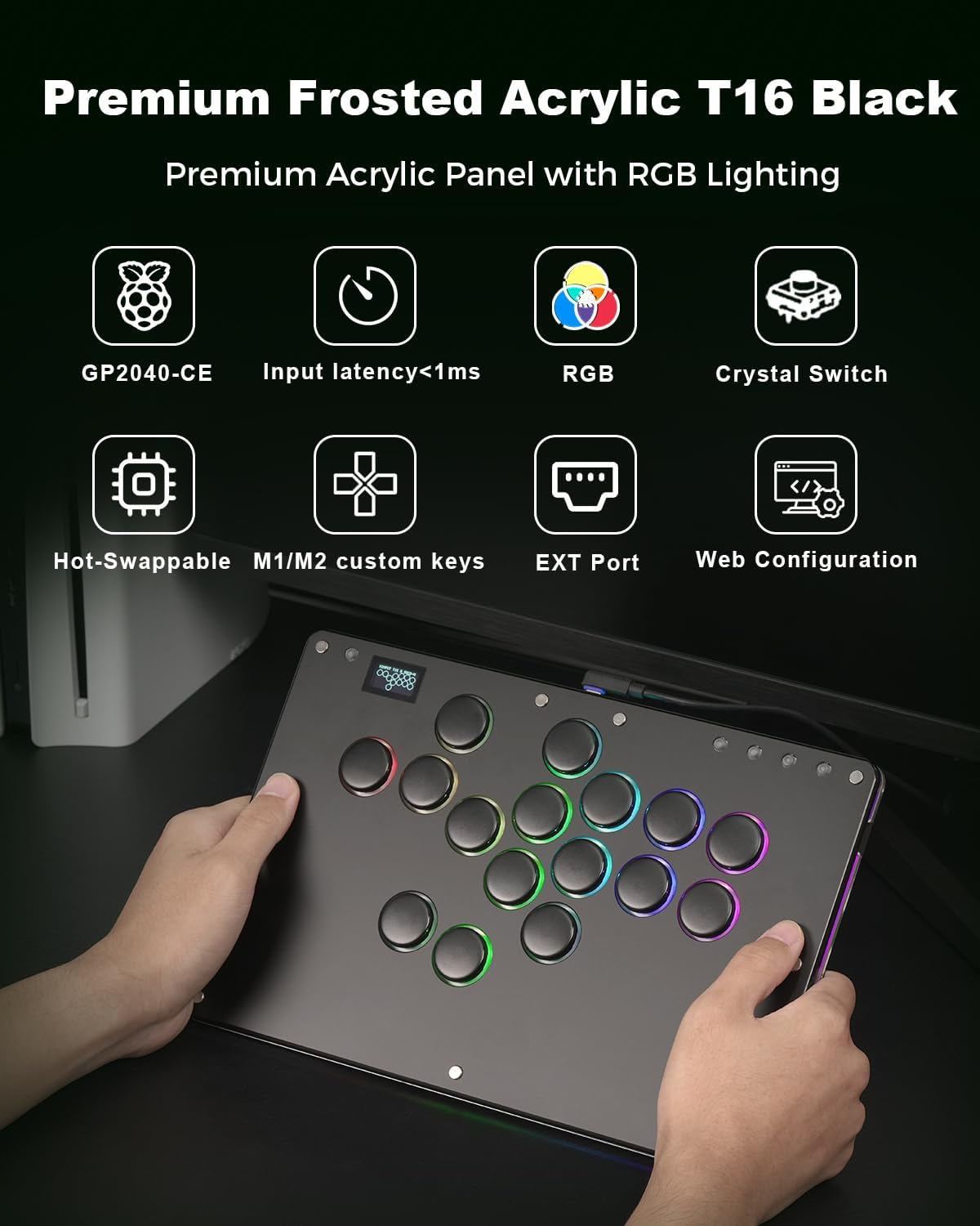 ONEED Haute42 Leverless Controller Arcade Stick T16: Leverless Controller T16 Black,Leverless Arcade Stick for Pc/Ps3/Ps4/Switch Game,Crystal Low-Profile Switch Arcade Stick Support Hot Swap & SOCD image number 4