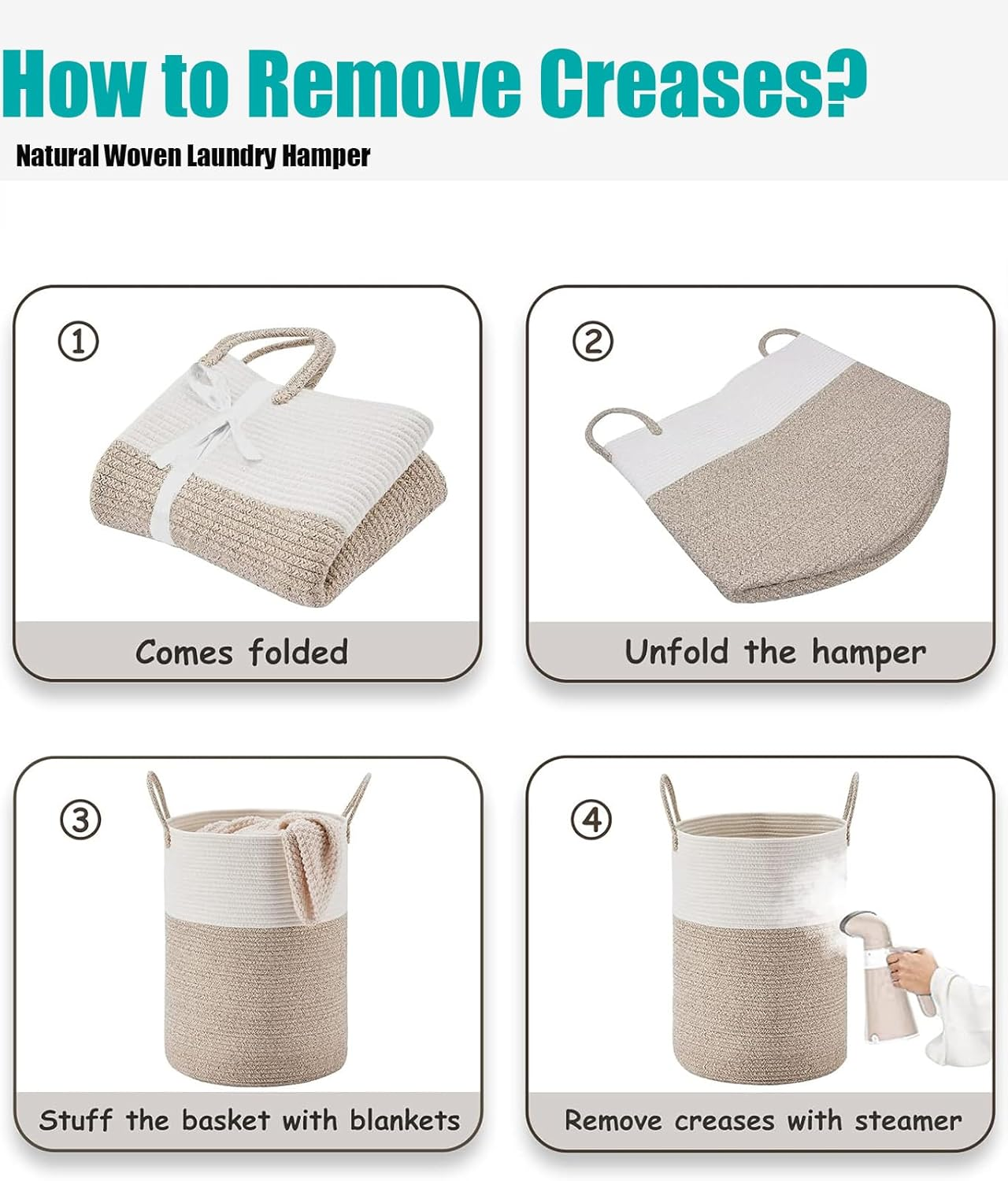 Large Laundry Hamper, Tall Woven Laundry Basket for Blanketfor Toys, Dirty Clothes in Living Rooms, Bathrooms, and Bedrooms; Measures 38&times;50Cm (White and Linen Colors) image number 5