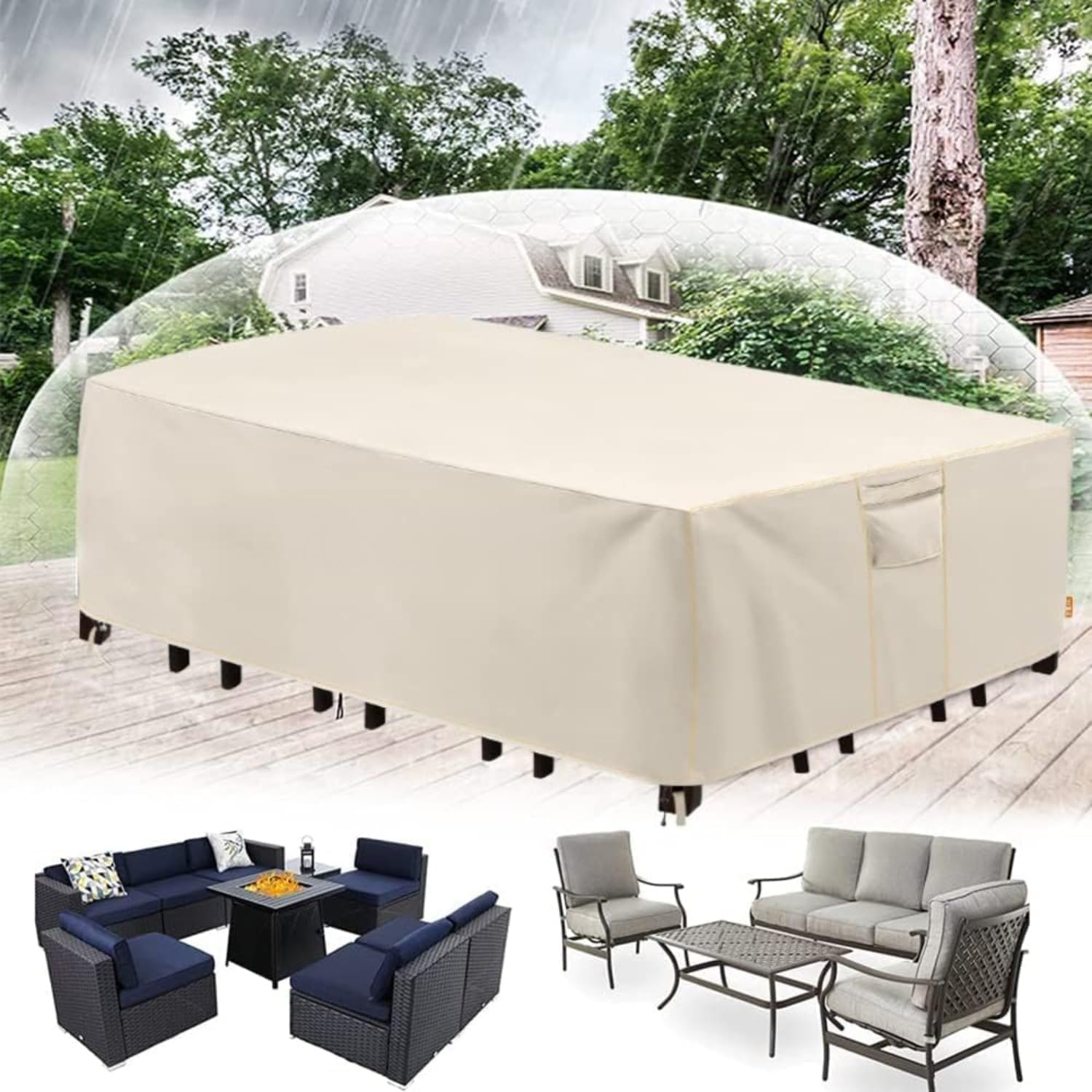 Outdoor Furniture Covers Waterproof, Anti-Uv Patio Furniture Cover, 420D Heavy Duty Oxford Cloth Cover with Handles, Vents and Buckles (Beige, 250*250*90Cm) image number 6