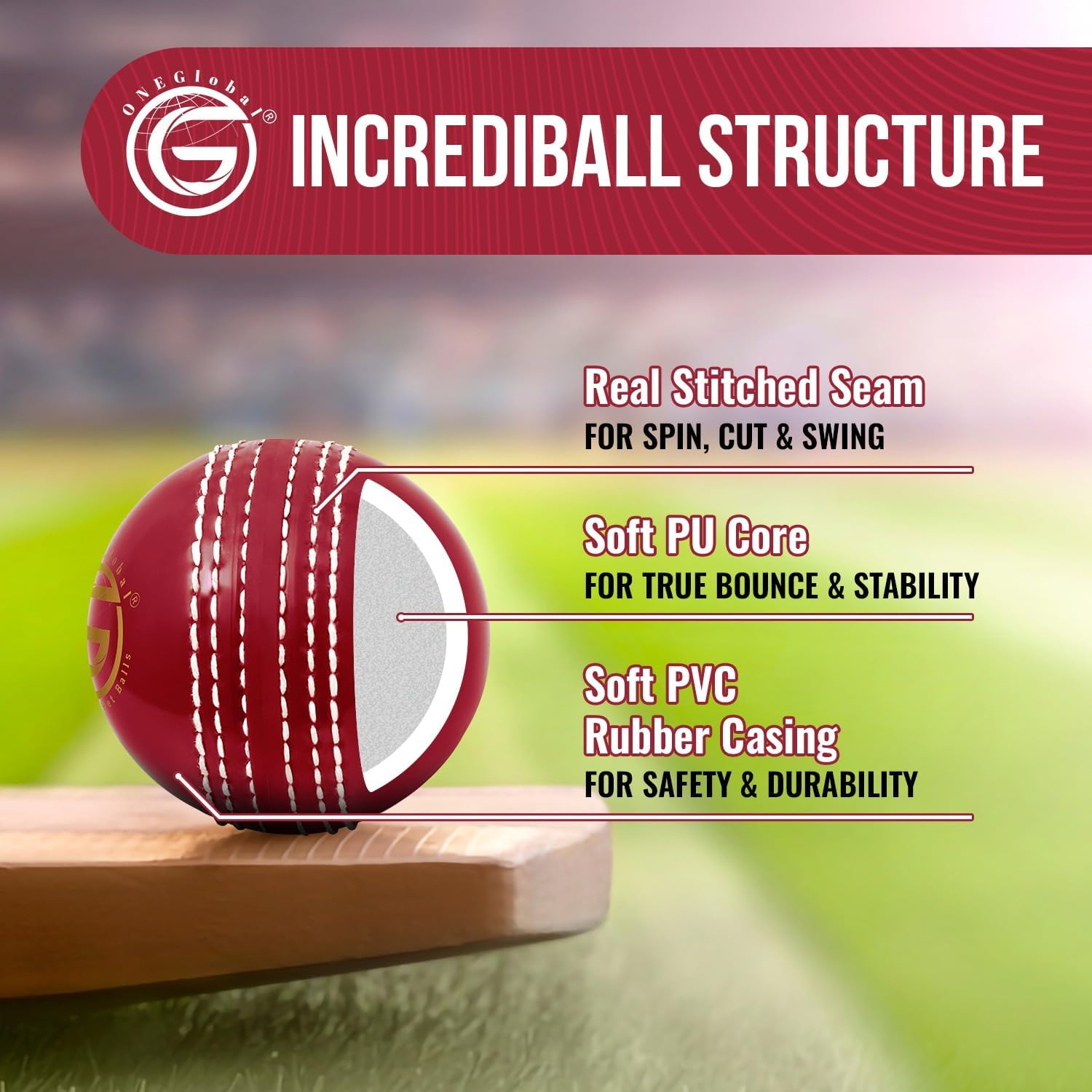 Oneglobal Soft & Safe Indoor Outdoor Incrediball Cricket Ball | with Real Stitched Seam for Coaching, Training, Practice & Garden Play | 5 Colours, for All Ages image number 1