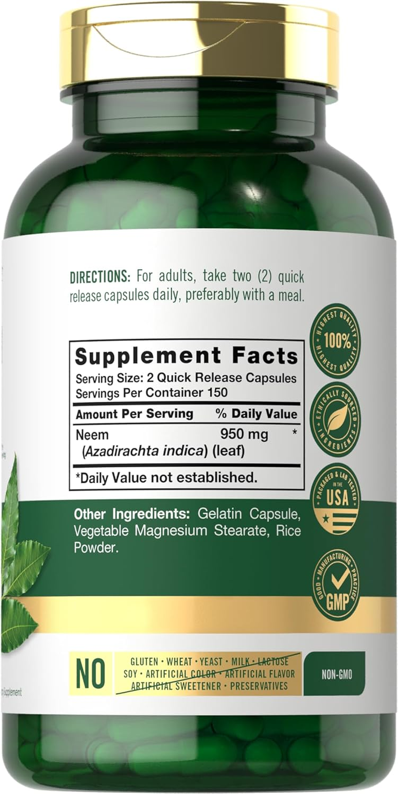 Neem Leaf | 950Mg | 300 Powder Capsules | Non-Gmo and Gluten Free Formula | Value Size | Traditional Herbal Supplement | Azadirachta Indica | by Carlyle image number 4