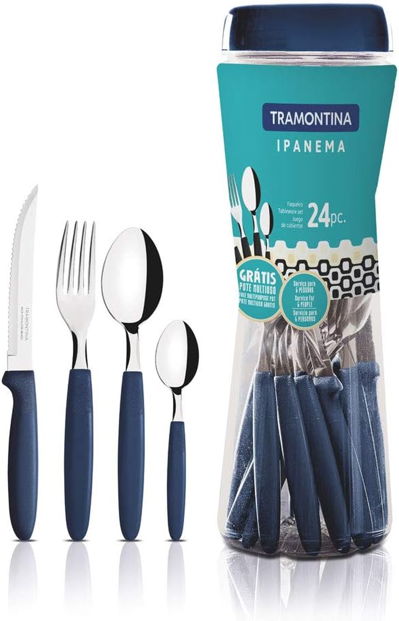 Tramontina Ipanema Stainless Steel Tableware 24-Pieces Set with Polypropylene Handles and Plastic Container, Black