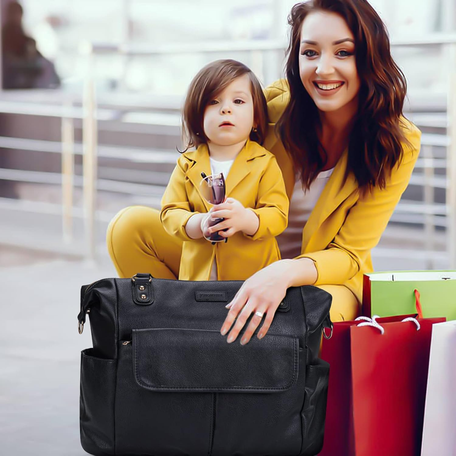 Diaper Bag Tote Johomviin Fashion Leather Diaper Bag Backpack with 13 Pockets for Mom Dad, Large Travel Baby Bag Purse for Boys Girls with 3 Insulated Pockets, Changing Station - Black image number 5