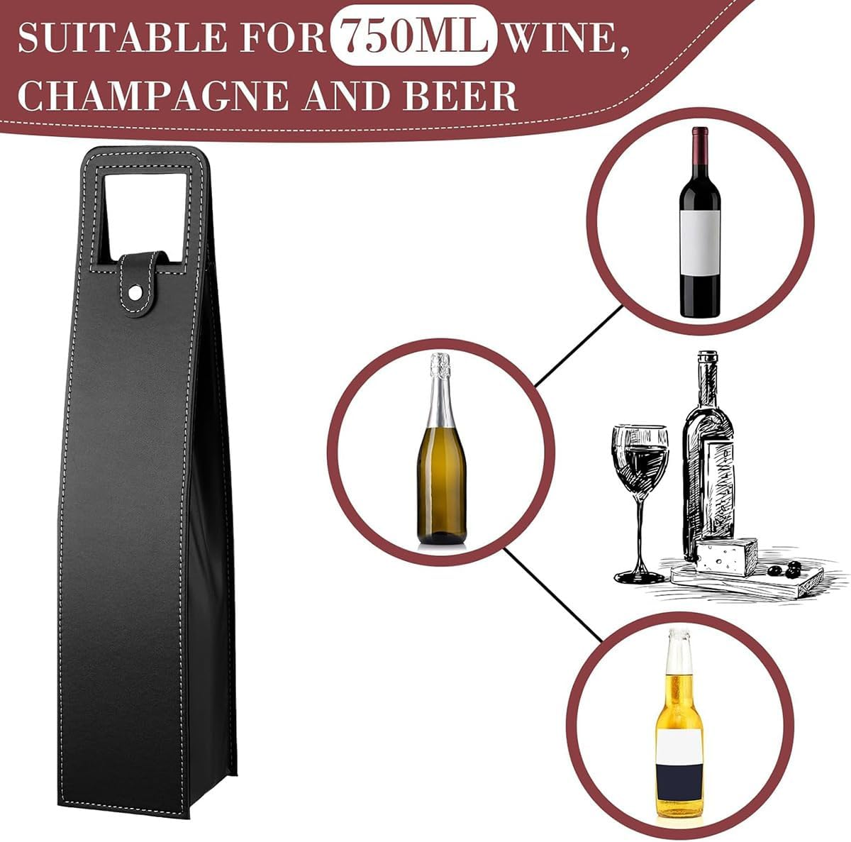 AIMALL PU Leather Wine Tote Bag Single/Double Bottle Foldable Portable for Picnic, Party, and Outdoor Use, Practical Handle, Metal Buckle Closure, 750Ml Capacity - Black-Single image number 7