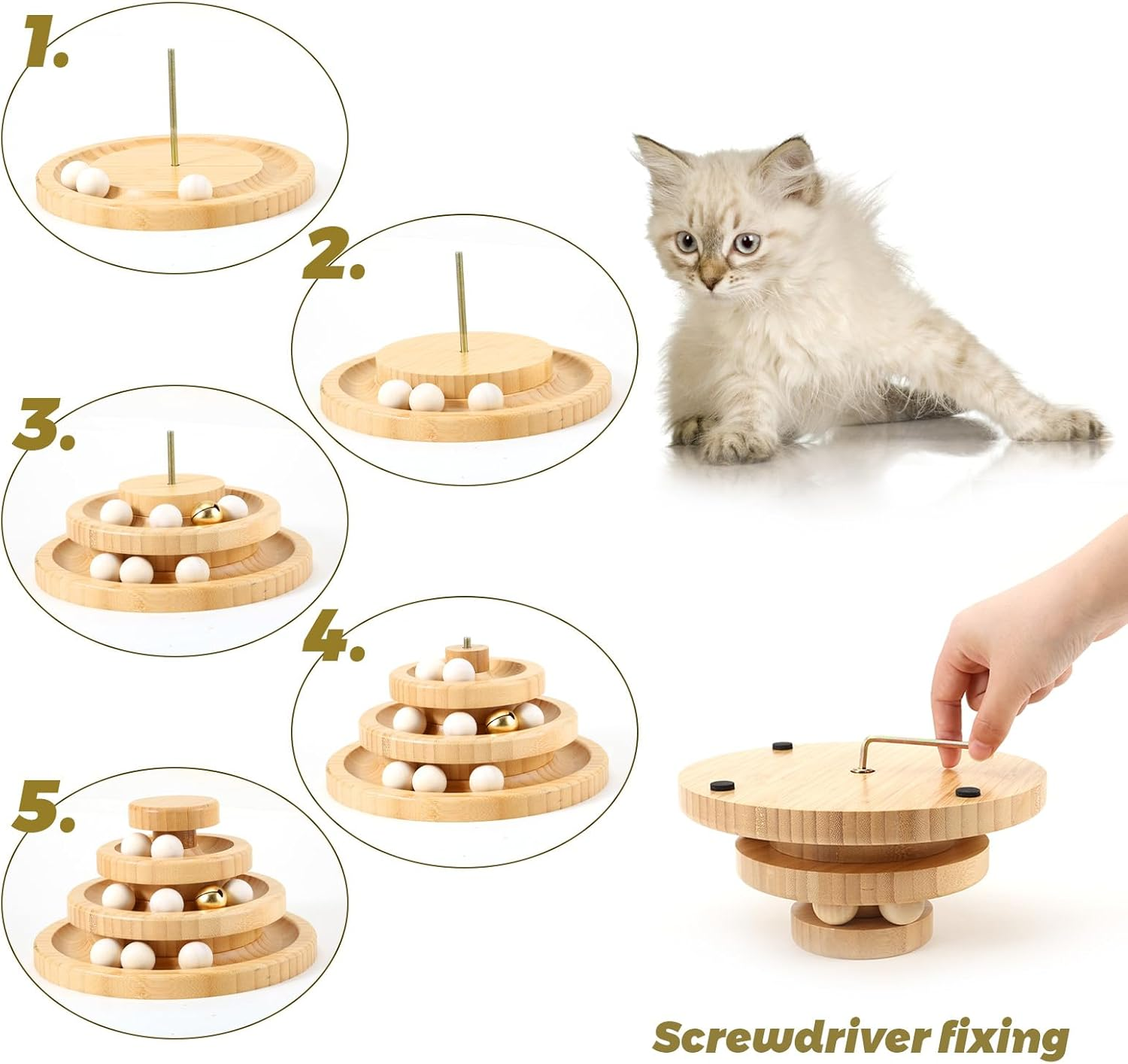 LUPAPA Cat Toys for Indoor Cats，With 9 Cat Toy Ball Interactive Wooden Cat Toy，Funny Roller Cat Tower Toys image number 2