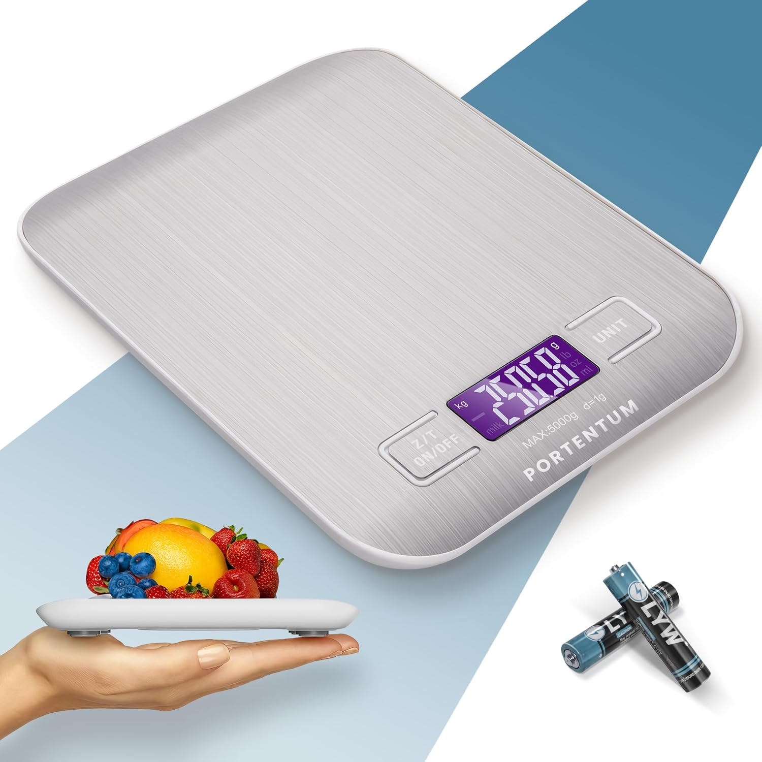 PORTENTUM Digital Kitchen Scales 5 Kg with Large LCD Display, Digital Scale, Letter Scales with Large Stainless Steel Weighing Surface, Liquid Measurement, High Precision up to 1 G, Tare Function, image number 2