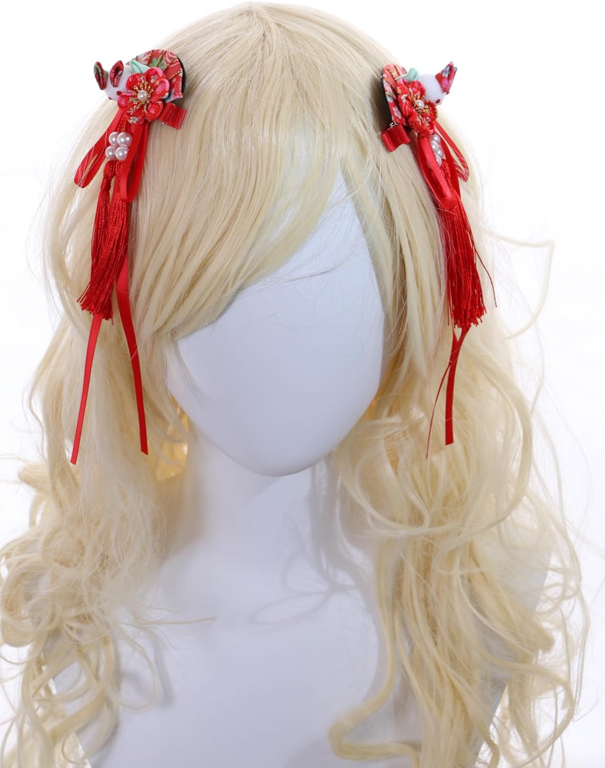 C-117-3 Red Fan Shape Rabbit Handmade Sakura Cherry Blossom Fabric Flowers Tassels Hair Clip Hair Clip Hair Clip Japan Geisha Kimono China Hanfu Accessory image number 1