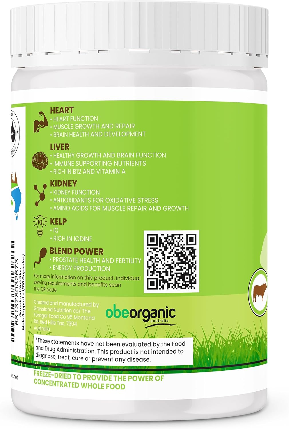 GRASSLAND NUTRITION 100% Organic Australian: Male Support Blend of Beef Organs - B12, Coq10, Iodine (180 Capsules)