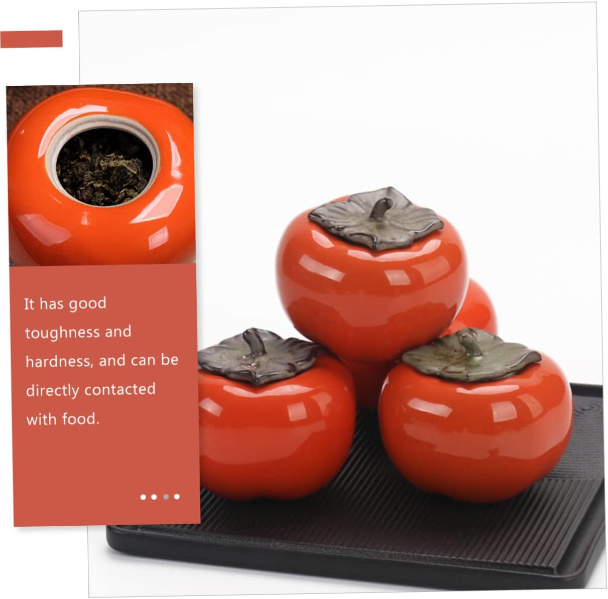 FELTECHELECTR Ceramic Tea Canister with Airtight Lid, 150Ml Persimmon-Shaped Storage Jar, Sealed Multipurpose Container for Home Tea Leaf and Candy Storage, 2Pcs Set, Orange image number 5