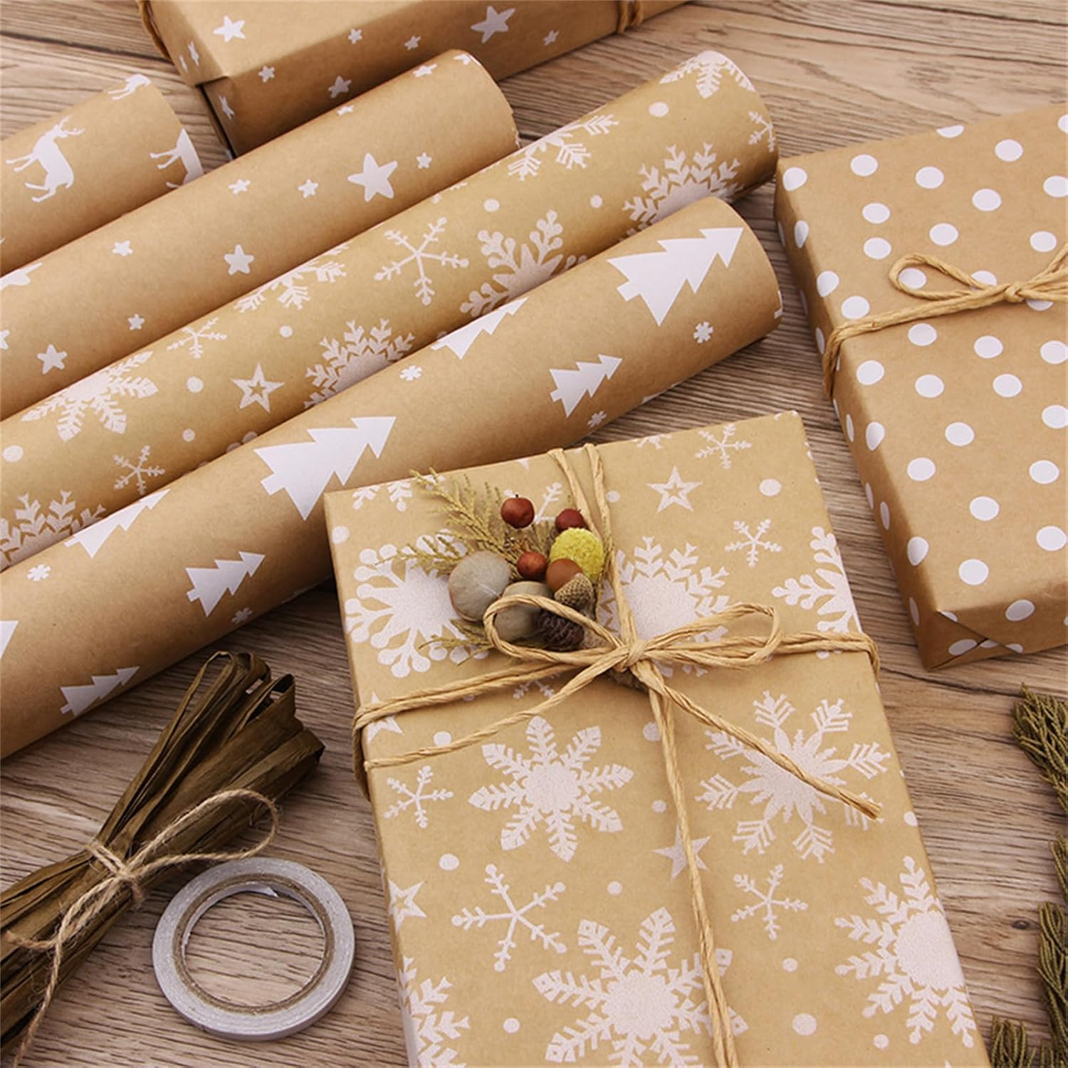 Christmas Wrapping Paper Set - 5 Mini Rolls, Recyclable Gift DIY Wrapping Paper with Flax Strings and Tape - for Birthdays, Christmas, and All Occasions Gift Wrapping Paper Roll,17"X40" image number 1