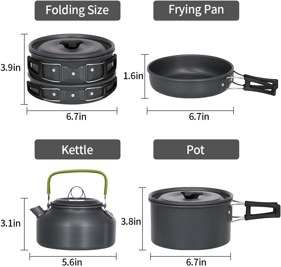 Aomiun Camping Cookware Kit, Non-Stick Pot Pan Kettle Set with Stainless Steel Cups Forks Knives Spoons for Picnic Hiking 1-2 People image number 1