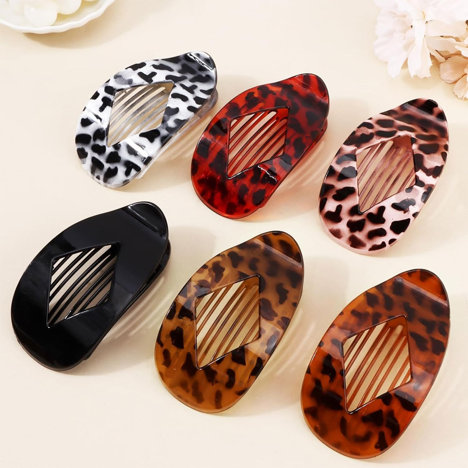 Muorruo 6 Pieces Leopard Print Flat round Hair Clips Oval Claw Clips for Thick Medium Thin Hair Non-Slip Hair Clips with Strong Hold Duck Bill Accessories image number 2