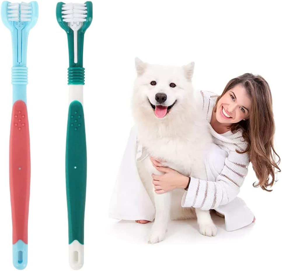 Pet Toothbrush Pack - 4 Toothbrushes for Dogs & Cats: 2 Triple Head & 2 Long Handle