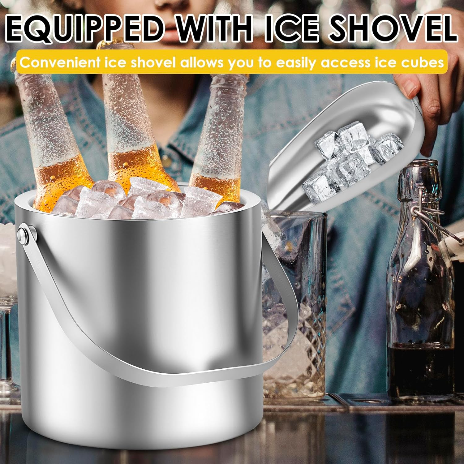 3L Ice Bucket with Leakproof Lid Double Walled Stainless Steel Insulated Ice Bucket with Scoop Beverage Cooler Container Wine Chilling Tub for Cocktail Bar Party image number 1