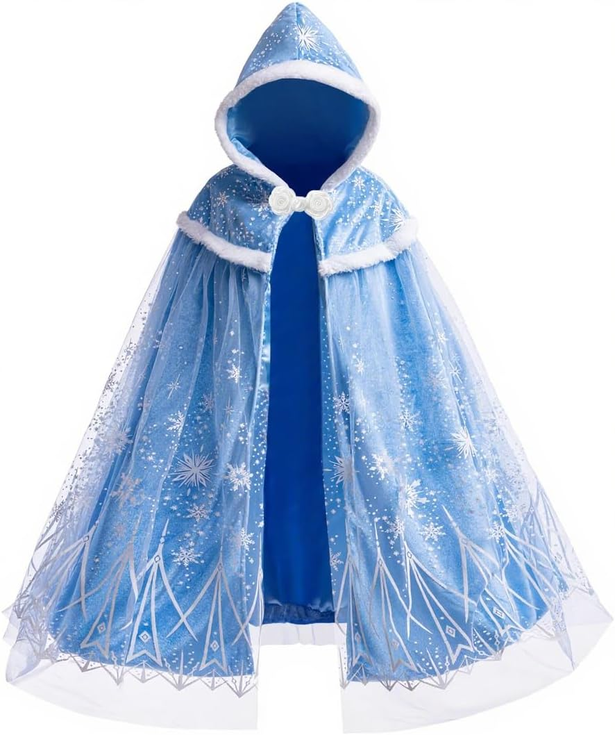 2022 Girls Luxurious Hooded Cape for Elsa Kids Princess Cloak Costume