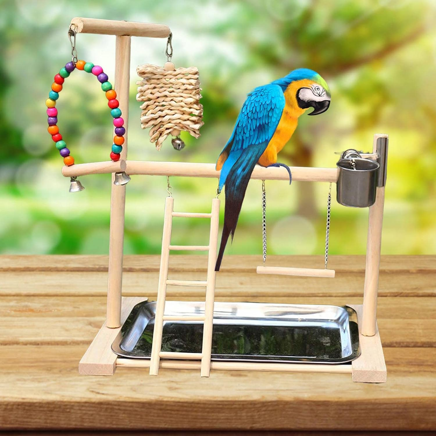 Pet Parrot Playstand Playground with Feeder Wood Perch Gym Playpen Climbing Ladder Toys for Budgie Cockatiel Parakeet image number 6