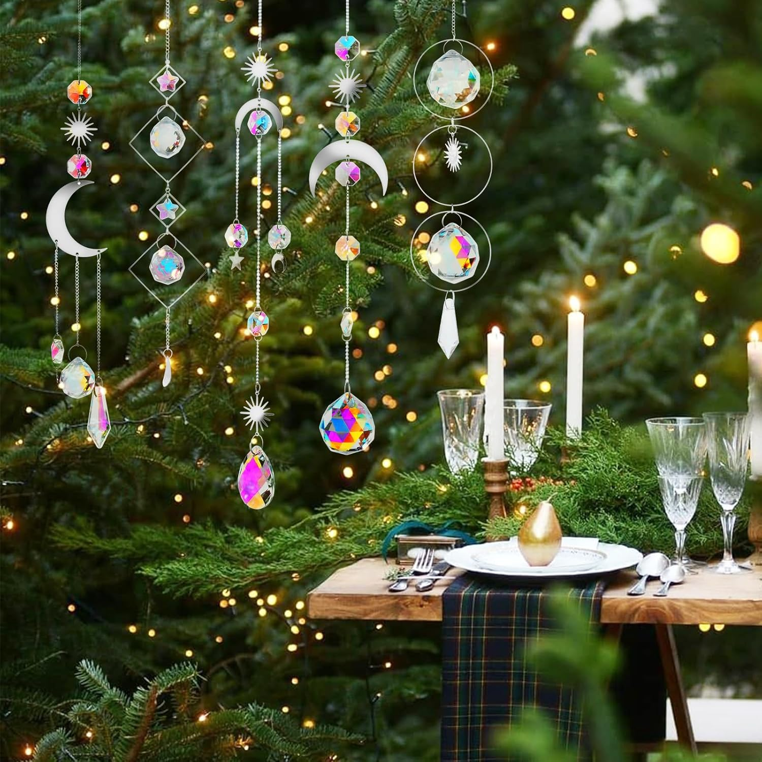 Nuyikaso 5Pcs Suncatcher Crystal Hanging Wind Chimes Rainbow Sun Moon Pendant Sun Catcher Balls for Window Home Garden Christmas Day Party Wedding Decor Silver image number 1