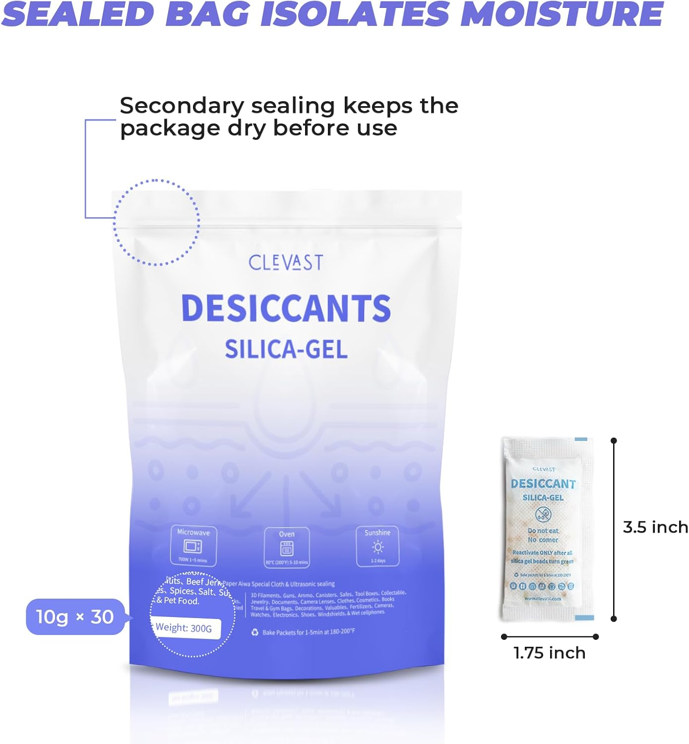 CLEVAST Silica Gel Packets Desiccant Packs for Storage 10 Gram 30 Packets, Silica Packets for Moisture Control, Food Grade Safe, Rechargeable Moisture Absorbers Dehumidifier for Spices Jewelry Storage image number 4