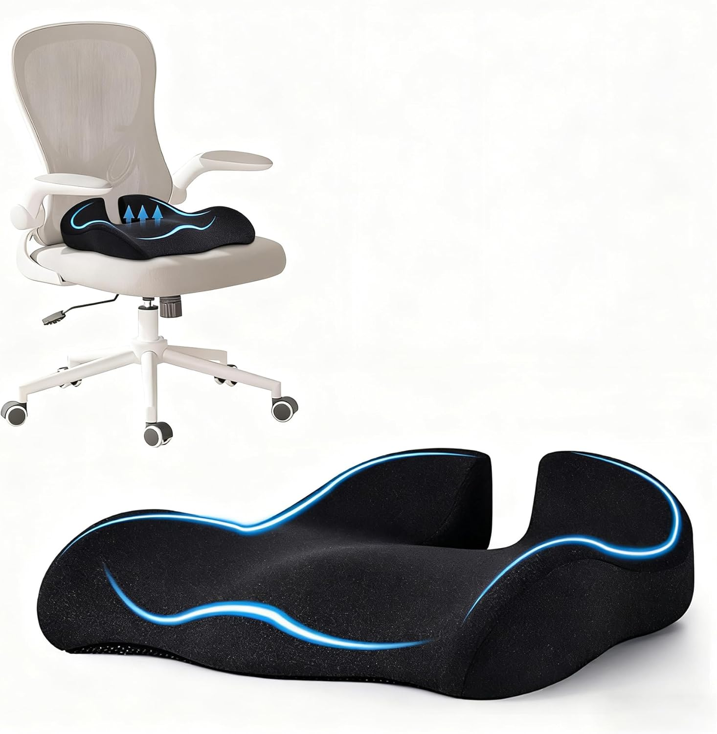 Memory Seat Cushion for Office Chair Pressure Relief Sciatica & Tailbone Pain Relief Memory Foam Firm Coccyx Pad for Long Sitting, for Office Chair, Car Seat，Washable Cover (Black Mesh)