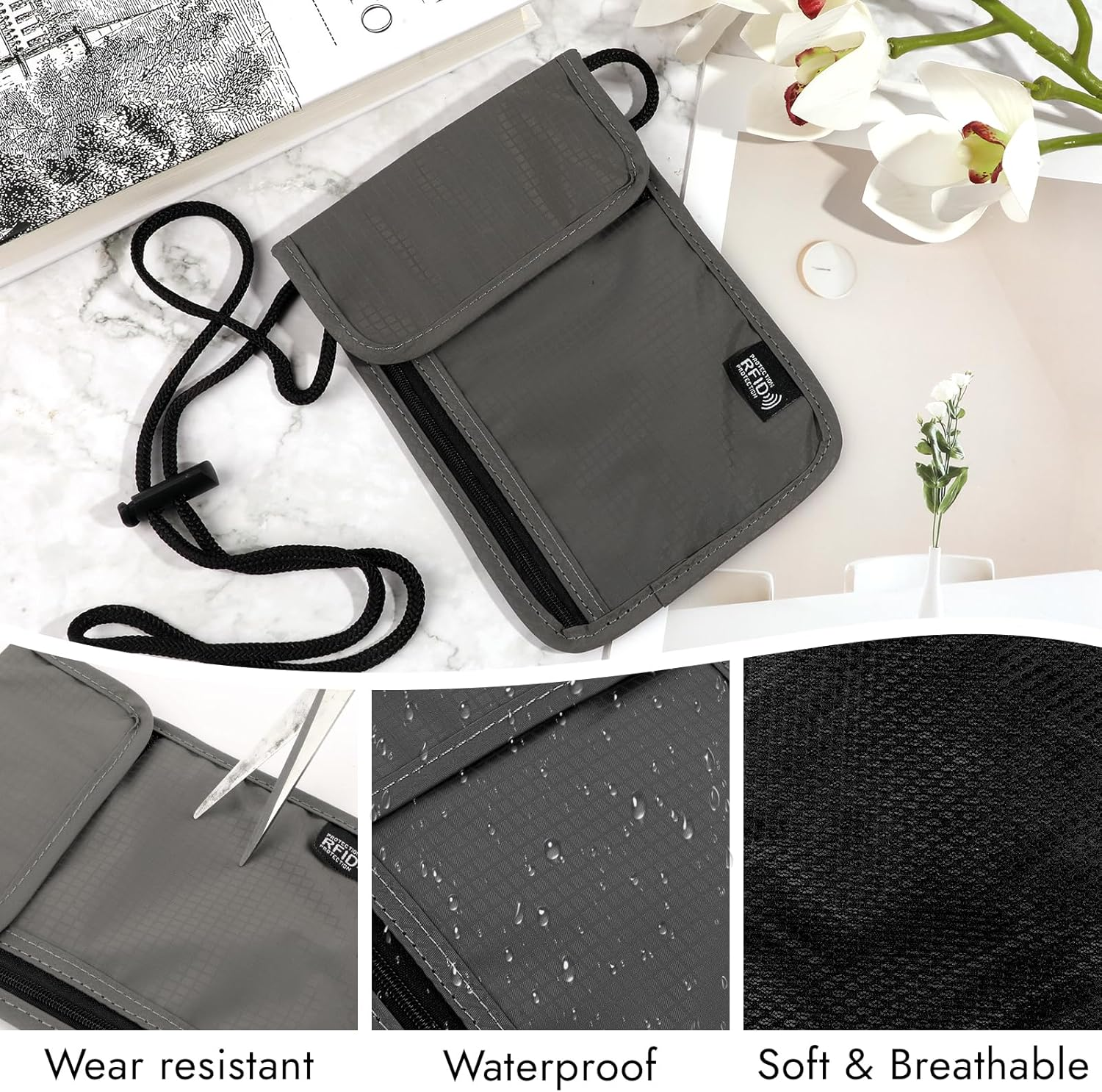 Neck Pouch with RFID Protection, Anti-Theft Unisex Travel Purse, Waterproof Black Mobile Phone Shoulder Bag Men, Neck Pouch Boys for Passport, Credit Cards, Smartphone, Coins, Money, Gray, Anti-Theft image number 2