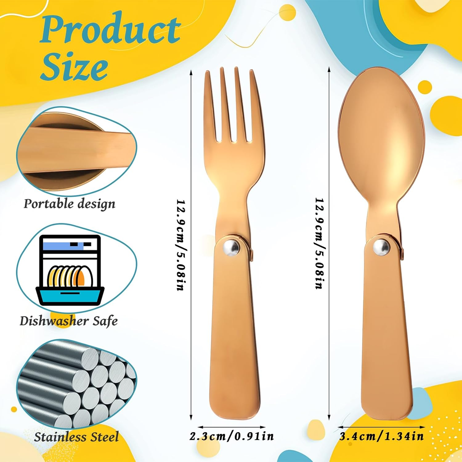 2Pcs Folding Spoons & 2Pcs Folding Forks for Thermos Funtainer 10Oz Food Jar, Stainless Steel Portable Utensil Replacement, Metal Foldable Fork, Home Kitchen Travel Camping Part Accessories(Rose Gold) image number 4