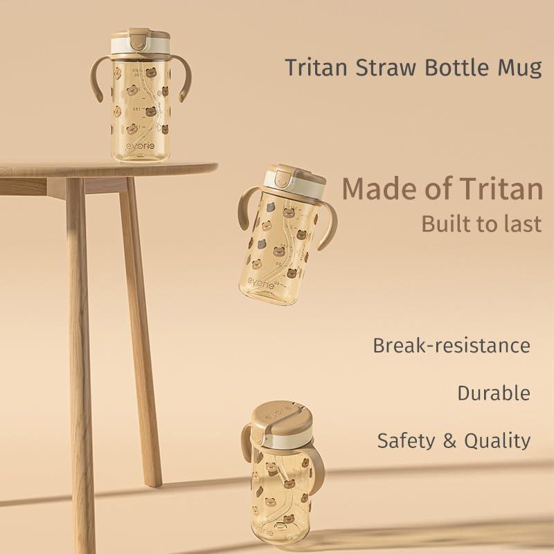 Evorie Tritan Toddler Sippy Cup with Silicone Straw, Spill-Proof Straw Water Bottle for Kids 1-2 Years Old, 300Ml 10 Oz, Removable Handles, Ideal for School (Honey Bear) image number 4