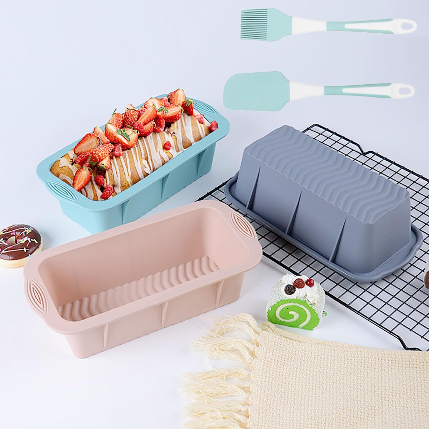 MRDLKNX Set of 3 Silicone Bread Loaf Pan, Silicone Molds with Silicone Tools for Homemade Loaf, Bread, Meatloaf, Cake, 9.8 X 4.7 Inch Rectangular Silicone Loaf Pans for Baking, Easy Release image number 4