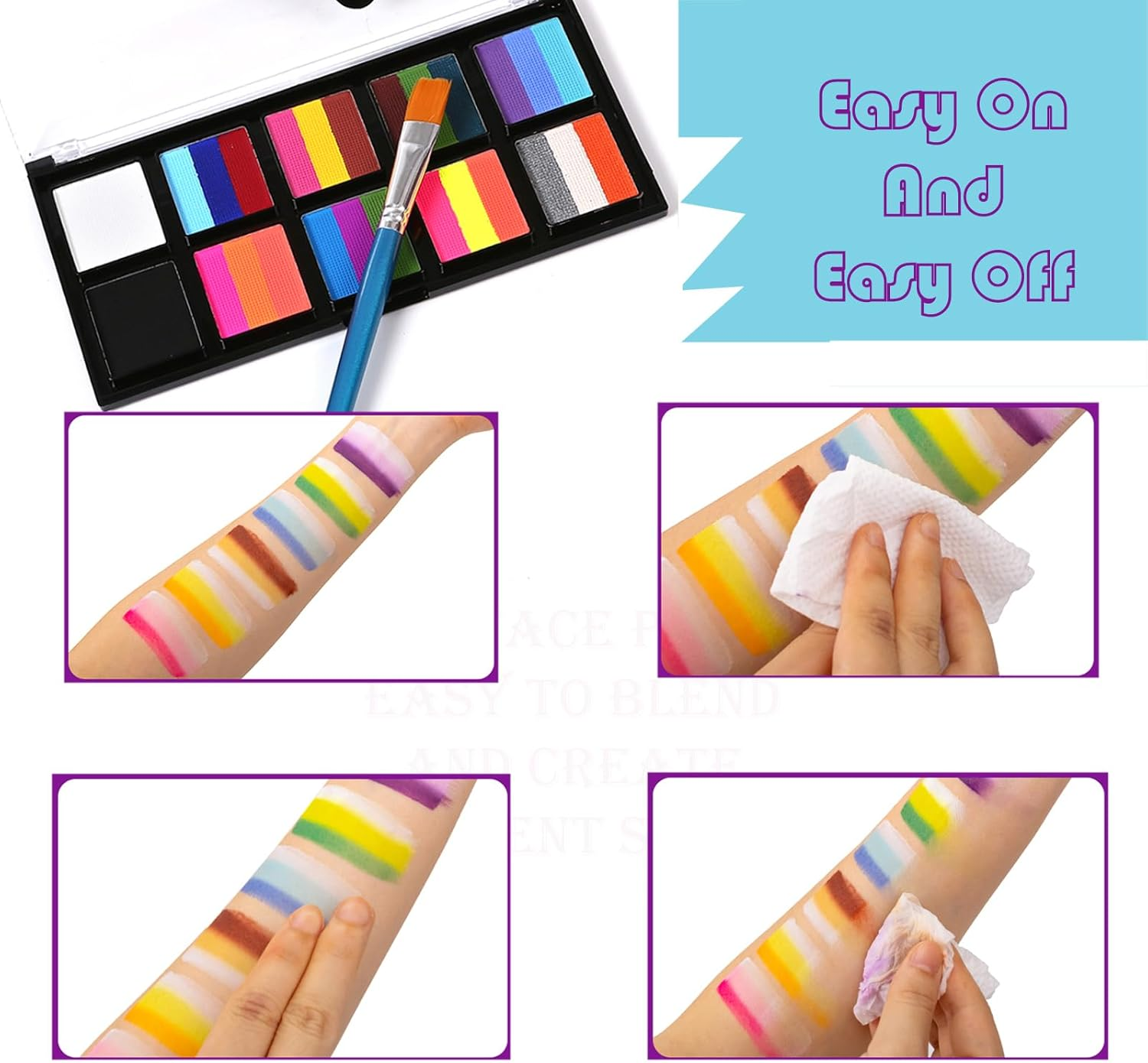 Professional Face Painting Kit with Stencils - 10 Split Cake Face Paint Palettes, Rainbow Non-Toxic Water-Activated Facepaint Makeup Kit for Kids, Adults, Parties, Halloween, Christmas - 10 Sheet With 10 Blue Brushes image number 6