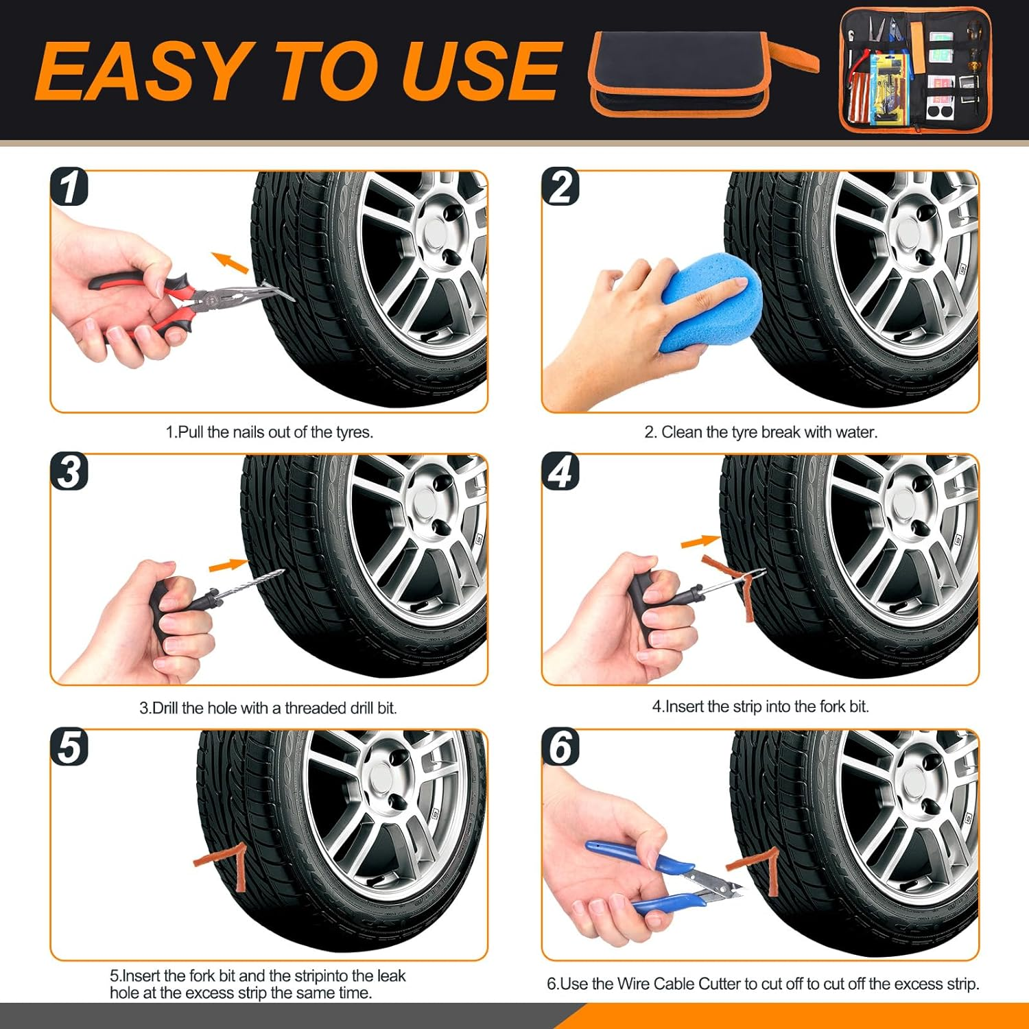 55Pcs Tire Repair Tool Kit Heavy Duty Tire Patch Kit with T-Handle Insert Tool, Tire Repair Patches, Vacuum Tyre Repair Nail Flat Tire Puncture Repair Tools for Cars, Motorcycle, SUV image number 5