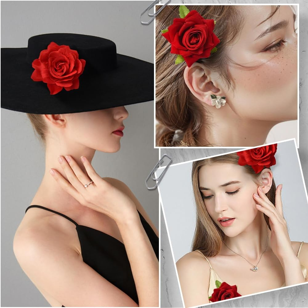 SOFPLATE Pack of 4 Red Rose Hair Clips Headdress Flowers Hair Clips Brooch 2 in 1 Fabric Flowers Hair Pins Accessories for Valentine'S Day Wedding Party Fancy Dress Accessories Women'S Hats Bags image number 1
