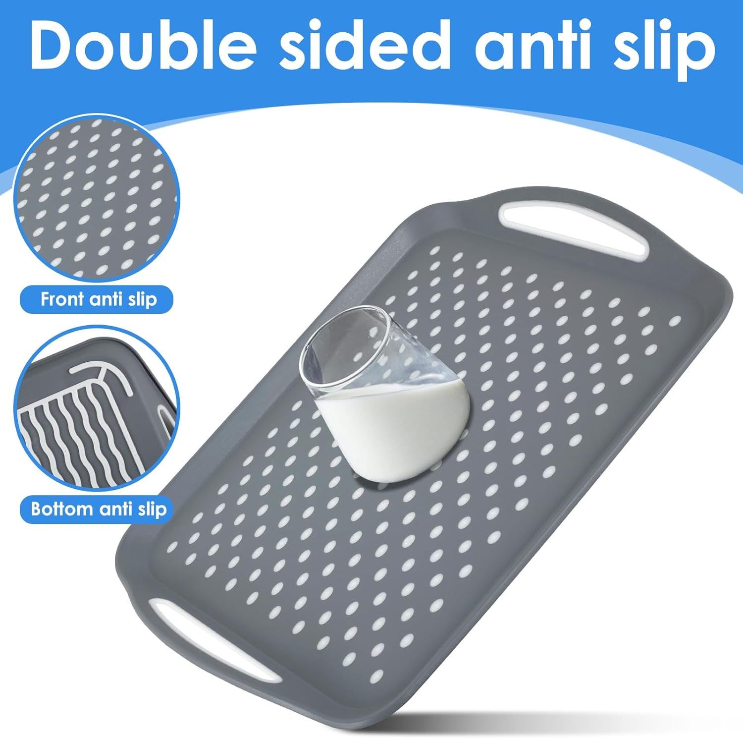 2Pcs Non-Slip Food Serving Tray with Handle 17.7&times;12.6 Inch Rectangle Gripping Nubs Food Trays Shatterproof Plastic Dinner Trays Non-Stick Food Platter Dishwasher Safe Lap Trays for Home Kitchen ... image number 6