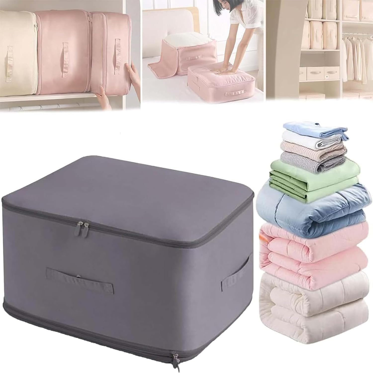 Ultra Space Saving Self Compression Organizer, 2024 New Ultra Space Saving Storage Tote for Comforters, Self Compression Moving Organizer Bags for Comforters, Clothes, Blankets (L(54*42*30Cm),Blue)