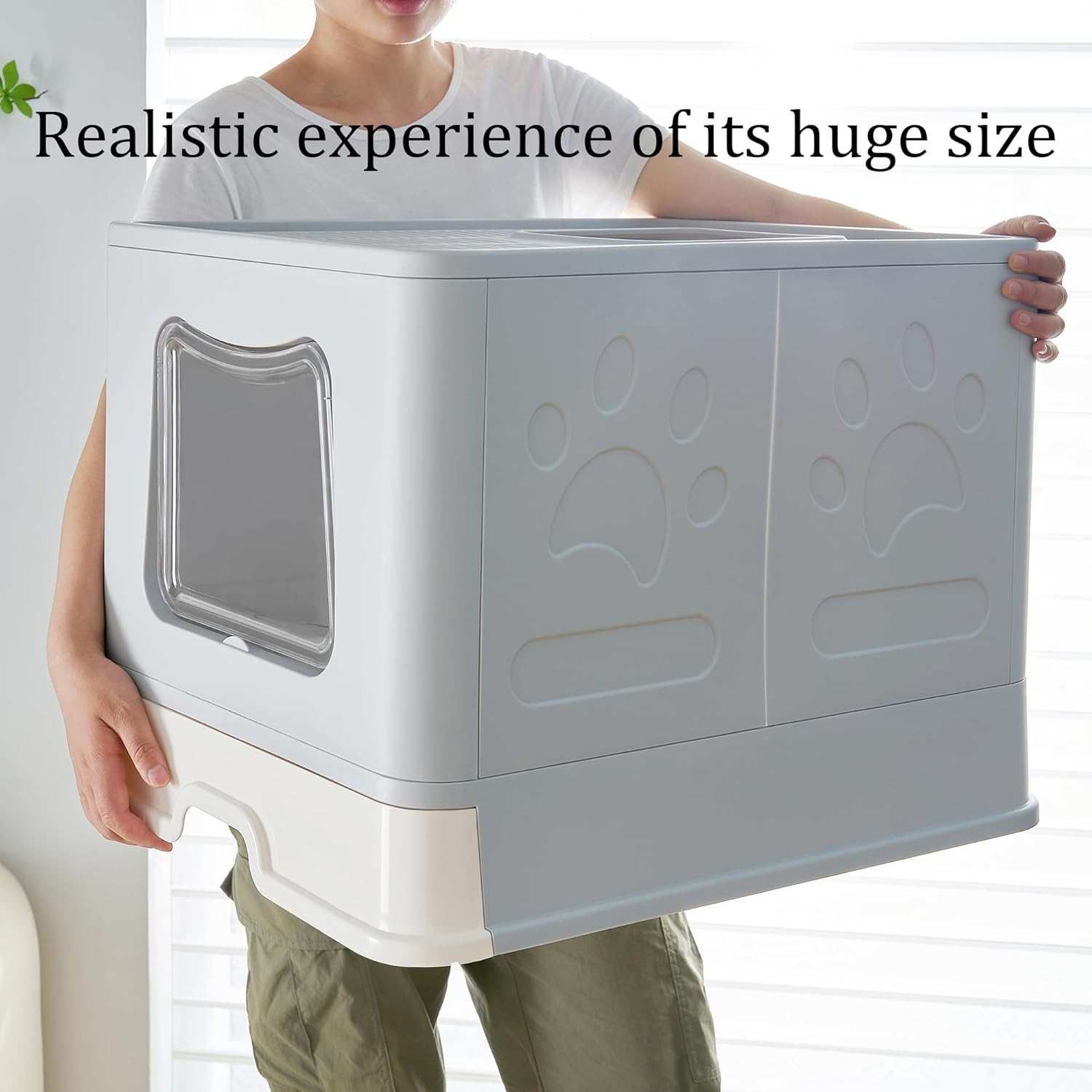 Extra Large Cat Litter Box Jumbo Foldable Kitty Litter Box with Lid Covered Enclosed Top Entry Big Cat Toilet with Scoop Sift Oversized Litter Pan Less Track for Indoor Multi Cats (Grey) - Grey image number 3