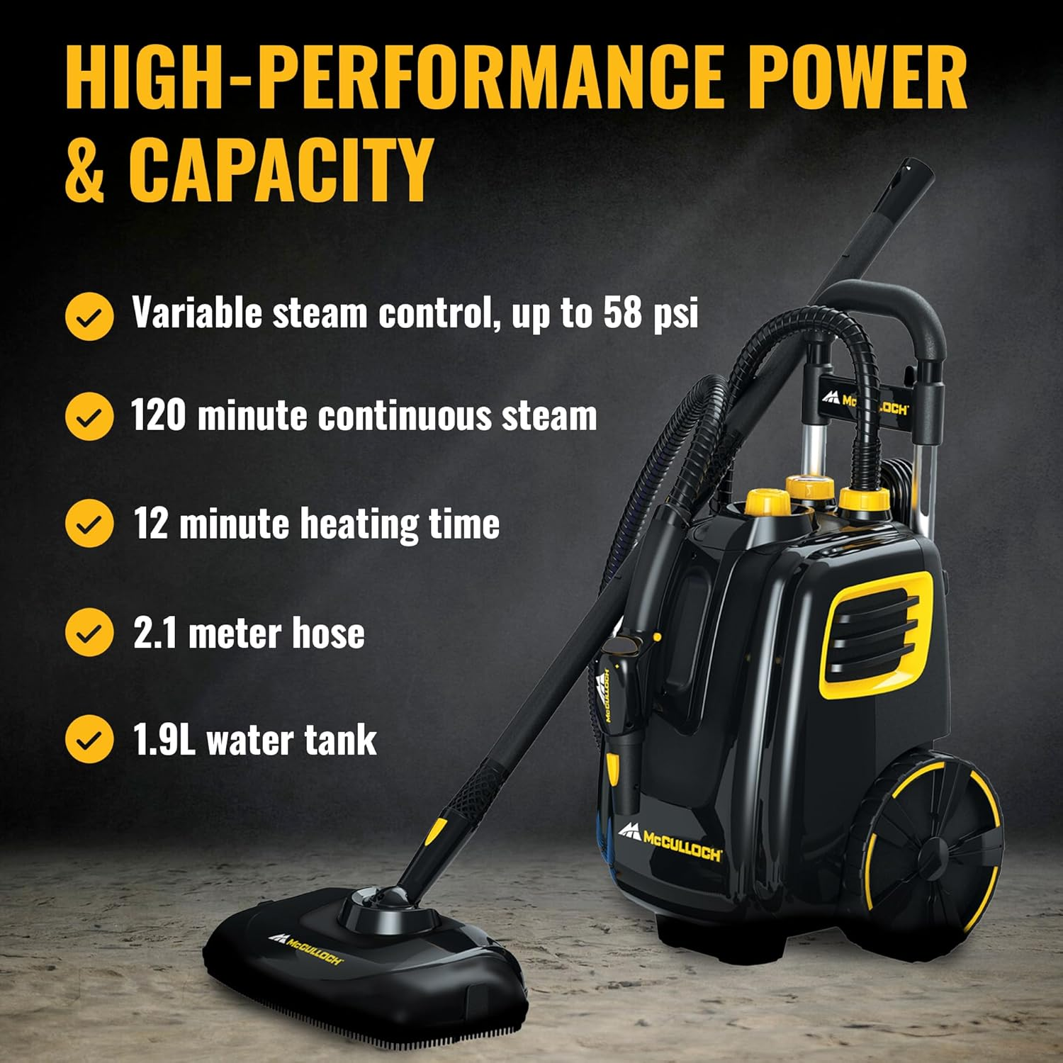 Mcculloch MC1385 Deluxe Canister Steam Cleaner &ndash; 120-Min Steam, 1892.71 Ml Tank, Upright Design &ndash; Designed for Australian Conditions &ndash; Compatible with Indoor & Outdoor Surfaces image number 2