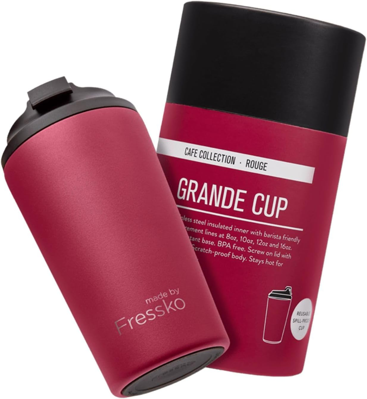 Made by Fressko Reusable Coffee Cup - Stainless Steel Insulated Mug - Leak Proof Travel Cup for Hot/Cold Drinks - 3 Hr Heat Retention - Fits Car Holders & Coffee Machines - Rouge - 16Oz 450Ml