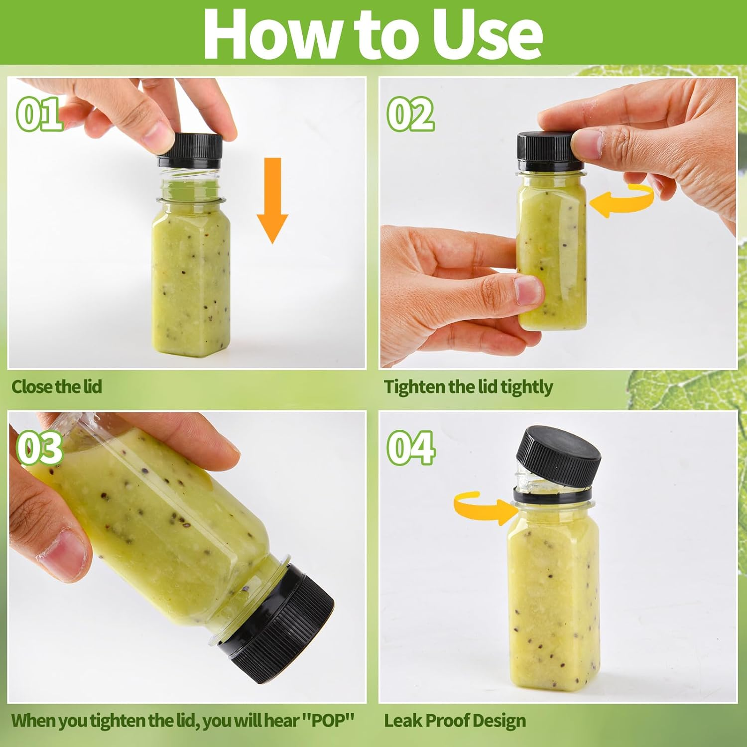 12 Pcs 2Oz Small Plastic Juice Bottles with Lids，Reusable Leak Proof Ginger Shots Bottle with Black Caps, Wellness Mini Jars Plastic Containers for Smoothie, Water, Milk and Other Beverages image number 2