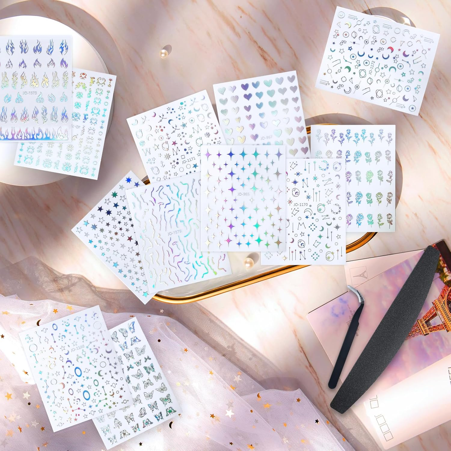 Bigqin 12 Sheets Nail Stickers 3D Aurora Silver Star Moon Planet Heart Nail Decor Water Resistant,Self Adhesive Nail Decals for Women Girl DIY Nail Design, Tweezers and Nail File Included image number 1