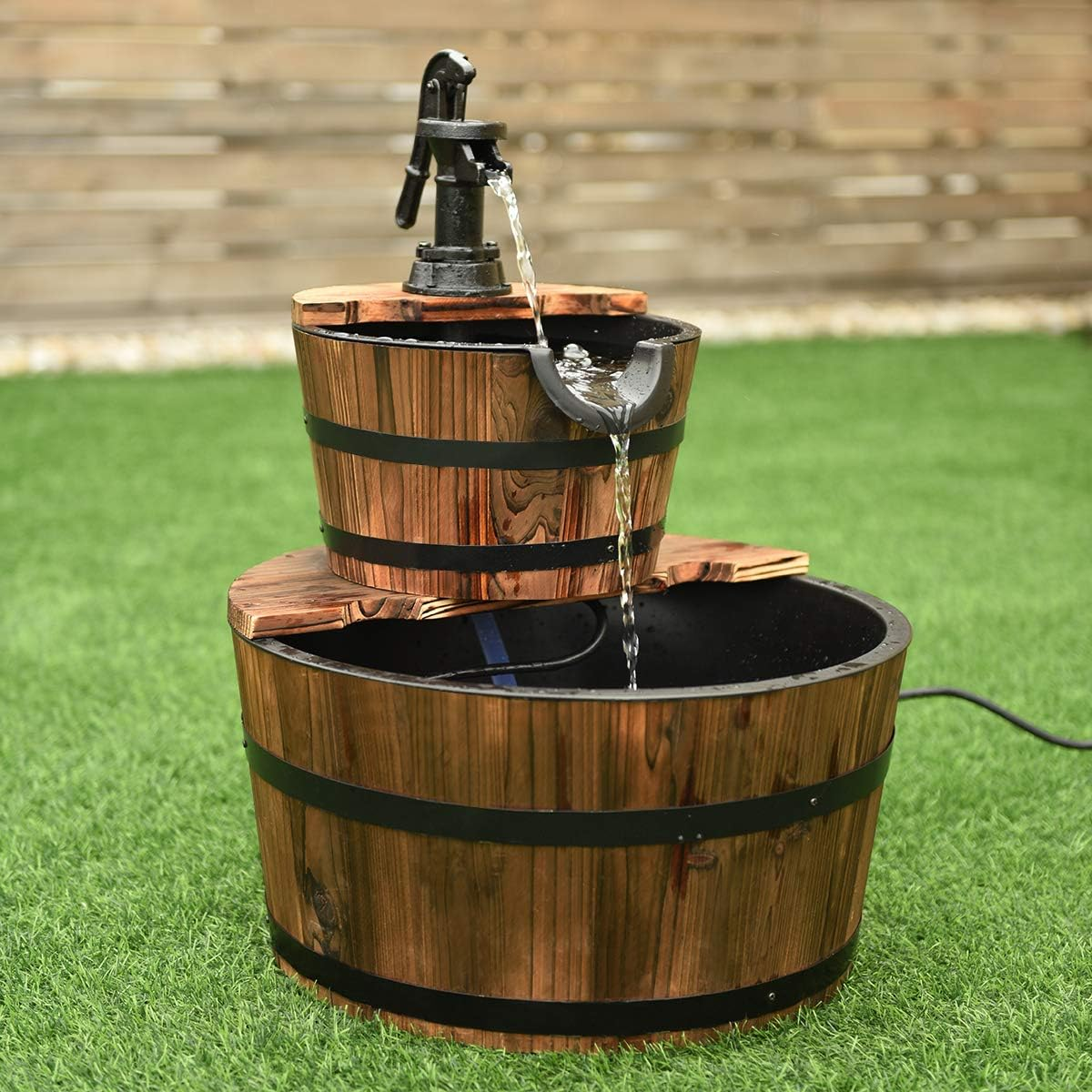 Costway 2 Tier Barrel Waterfall Fountain Barrel Wooden Water Fountain Pump Garden Patio image number 6