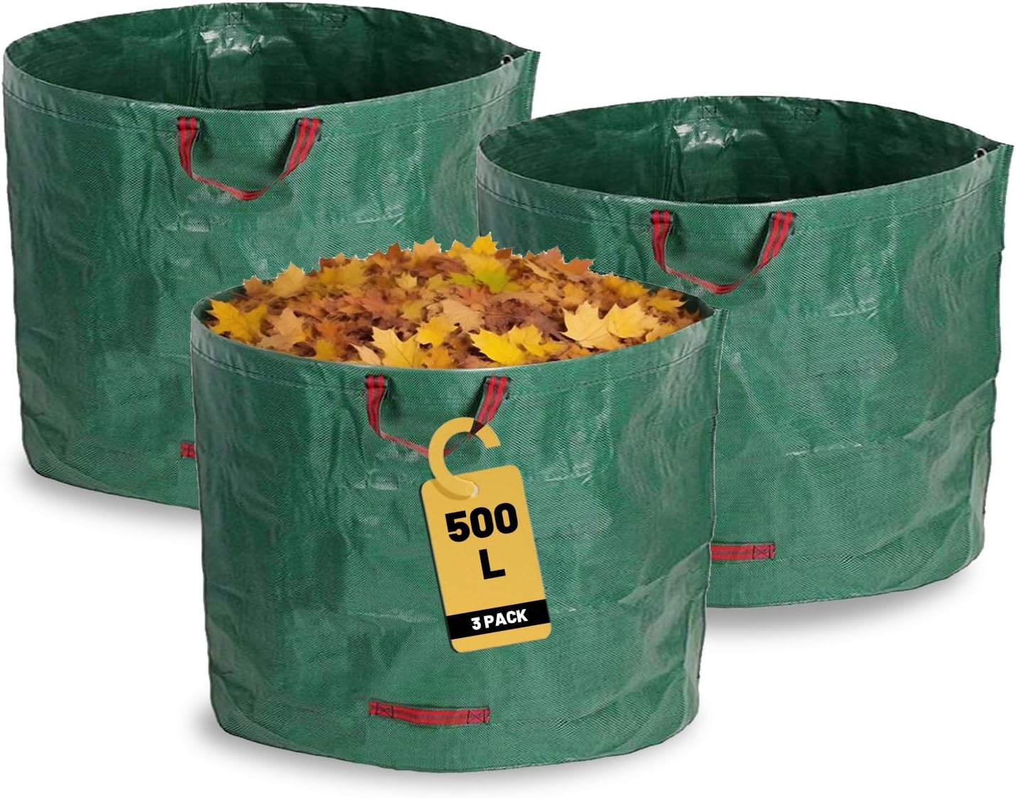3 Pack Reusable 500L Heavy Duty Garden Waste Bags with Handles - Polypropylene Laminated Grid Fabric, for Collecting Yard Debris, Leaves & Grass Clippings image number 3