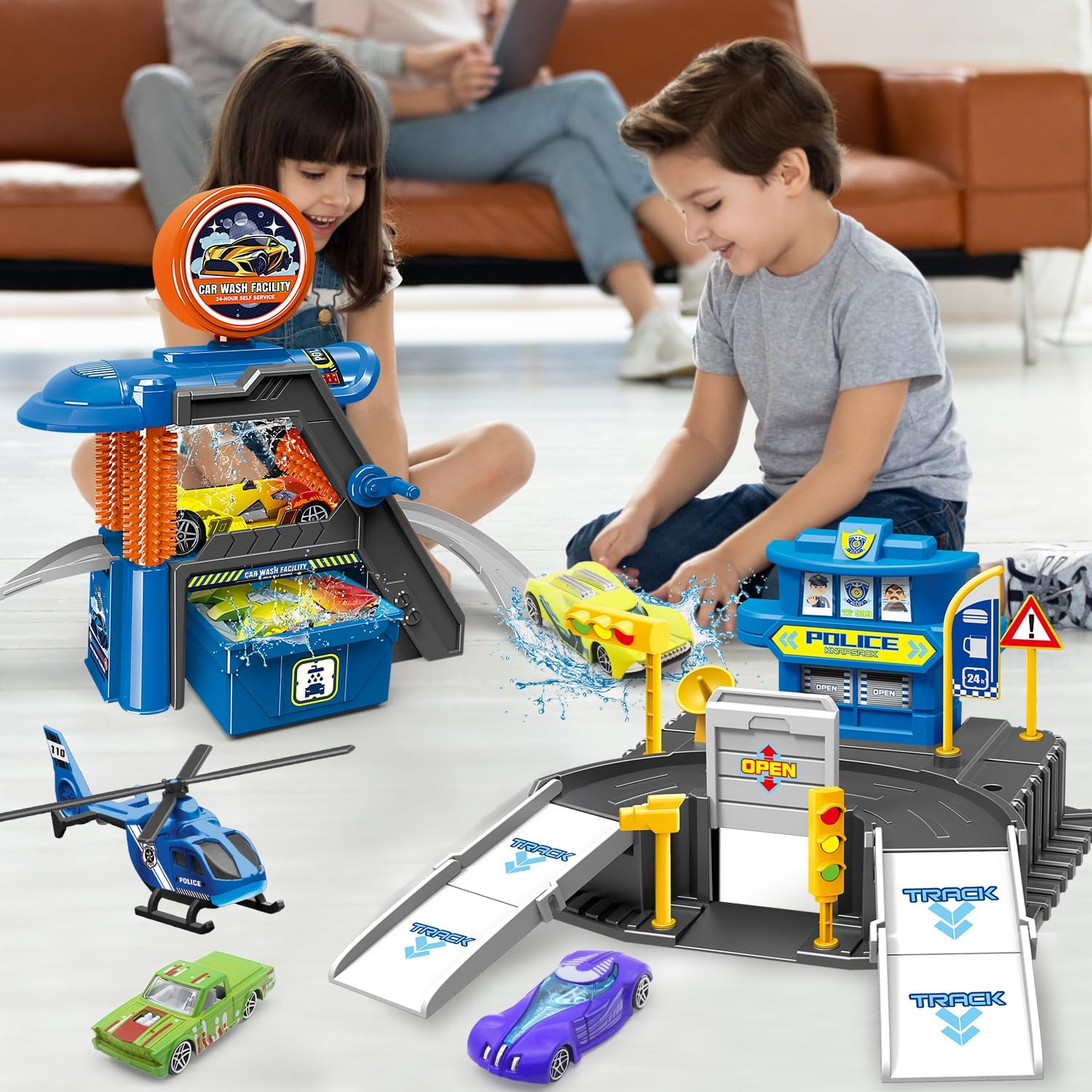 Fistone Parking & Car Wash Toy Playset, with Cars Color Changers Car Wash Toys for Kids