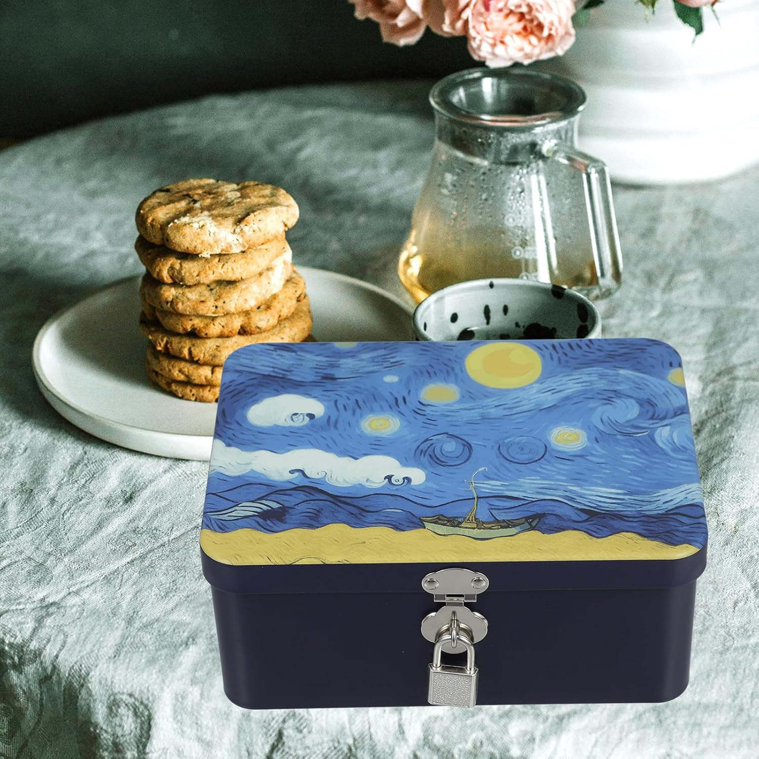 CTIRCHIU Airtight Metal Cookie Tin with Lock, Medium Celestial Storage Box, Vintage Kitchen Canister for Candy and Biscuit Organization image number 4