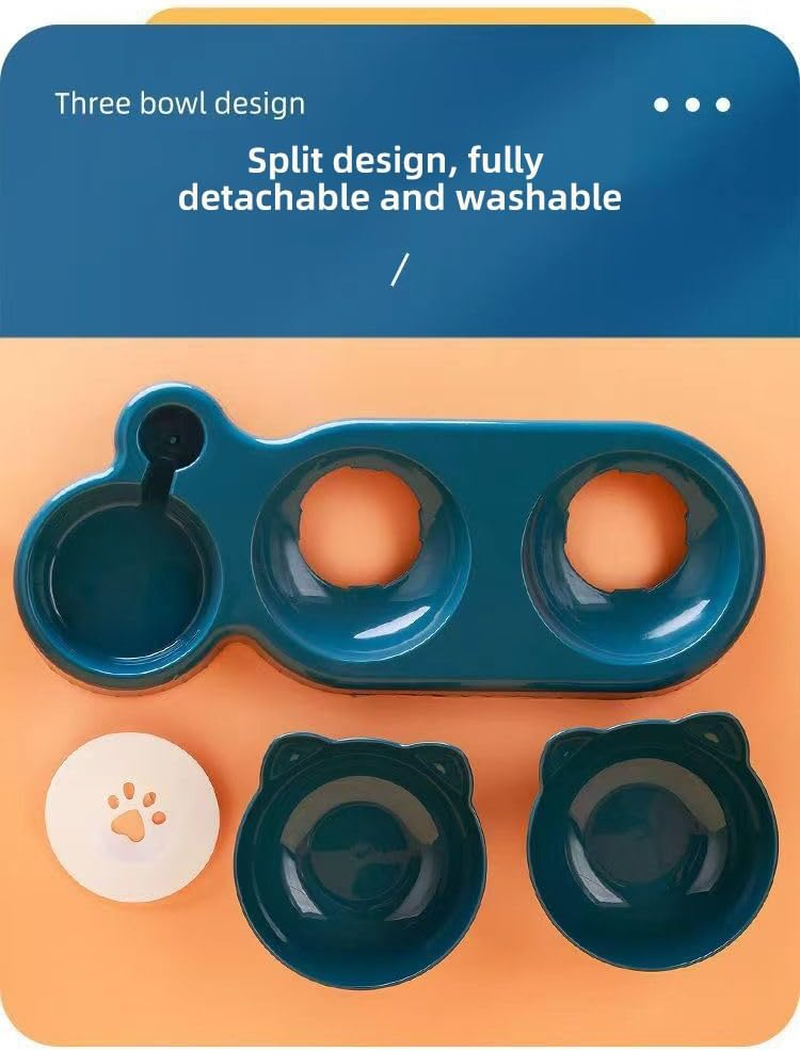 Triple Cat Bowls,15&deg;Tilt 3-In-1 Water Feeder Bowls Cat Double Food Bowls， Whisker Friendly Wet and Dry Cat Elevated Feeding Dishes for Small Cat and Puppy (Blue, One Size)