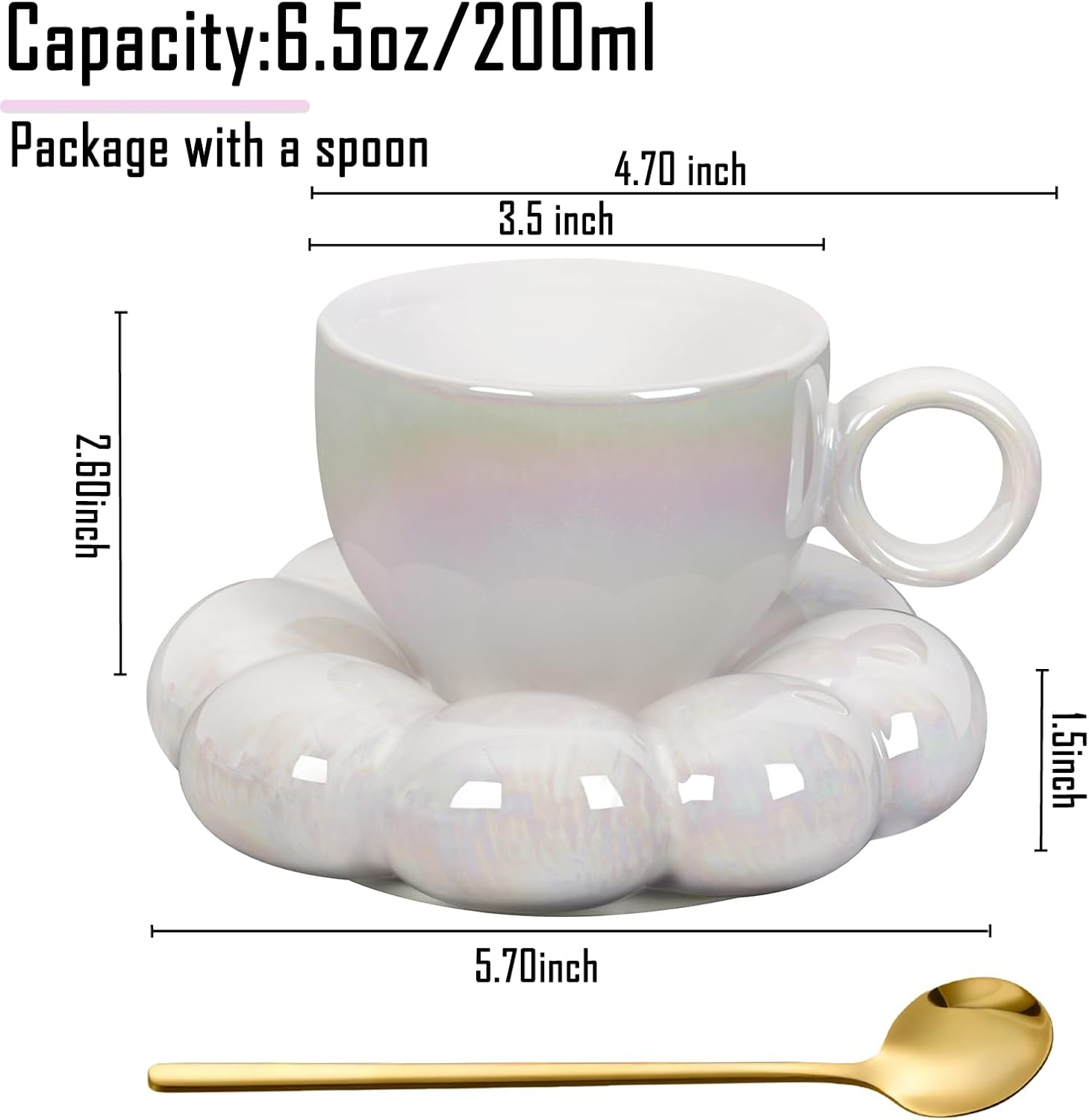 ARISKEY Cute Coffee Mug for Women,Tea Cup and Saucer Set with Spoon,6.5Oz/200Ml for Latte and Milk, a Warm Choice for Mother'S Love,Pearl White image number 1