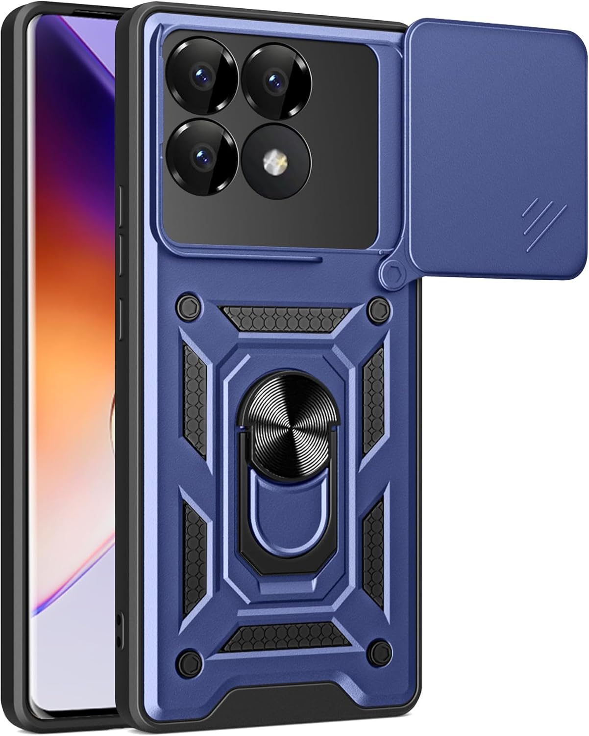 ESTH&reg; Case for Xiaomi Poco F6 Pro 5G with Slide Camera Cover [Camera Protection] [Ring Stand] [Case Compatible with Magnetic Car Mount] Shockproof Mobile Phone Case, Blue